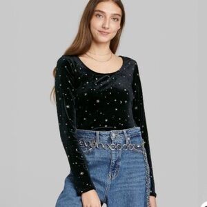 Wild Fable Velour Silver Glitter Celestial Open Back Long Sleeve Bodysuit Sz XS